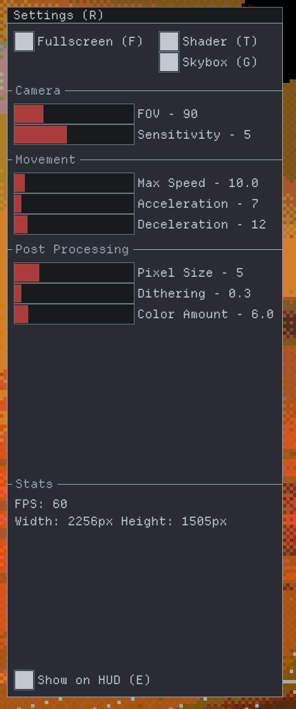 A nice looking debug menu that has fullscreen and shader toggles, player max speed, acceleration, and deceleration values, shader adjustment options, and basic stats like window dimension and fps.